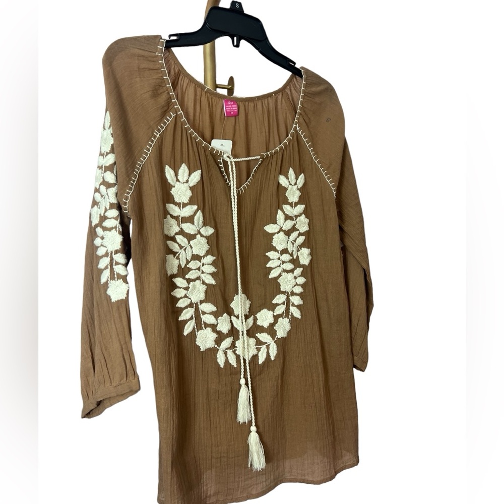 Sorrento Raj Brown & Ivory Embroidered 3/4 sleeve Top